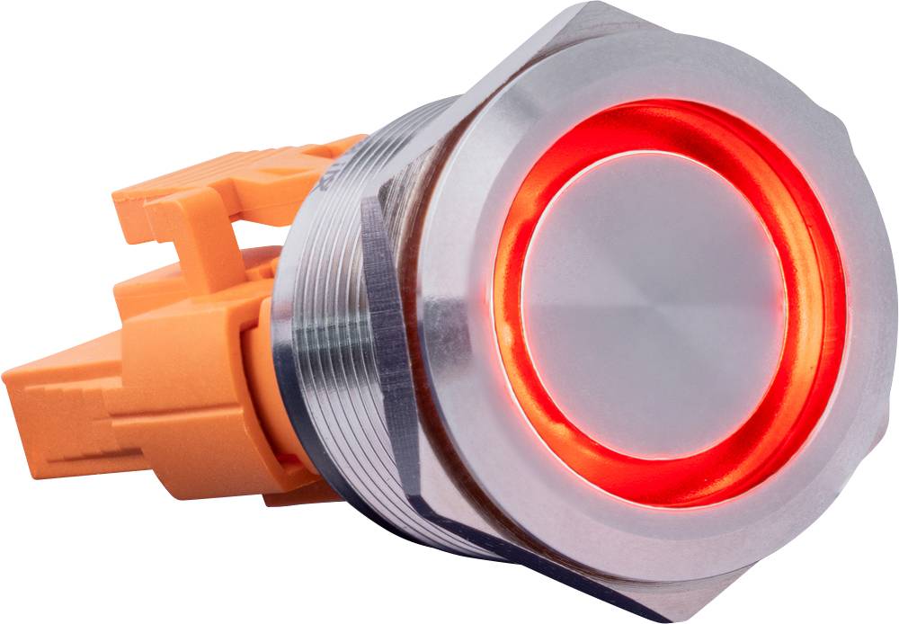 A round metal button with a red LED illumination and orange connection indicates the powered-on state.