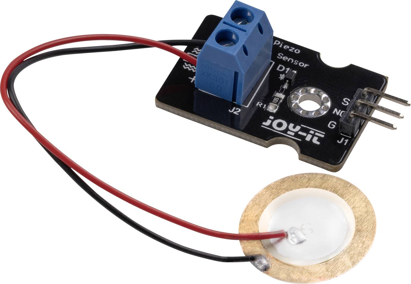 'Joy-It' Piezo Sensor Module with connection terminals and cables for detecting vibrations or pressure, suitable for Arduino applications.