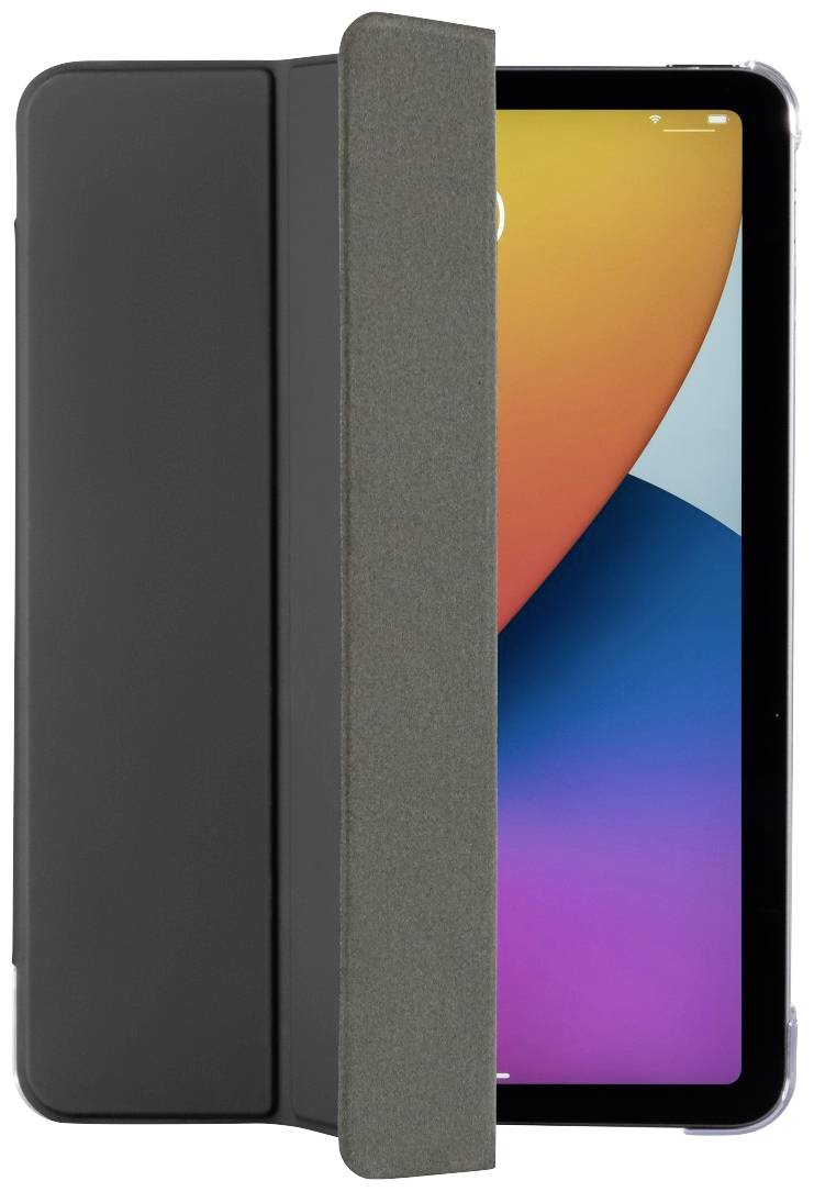 A tablet in a black protective case with an open lid. The screen displays an abstract, colourful background image.
