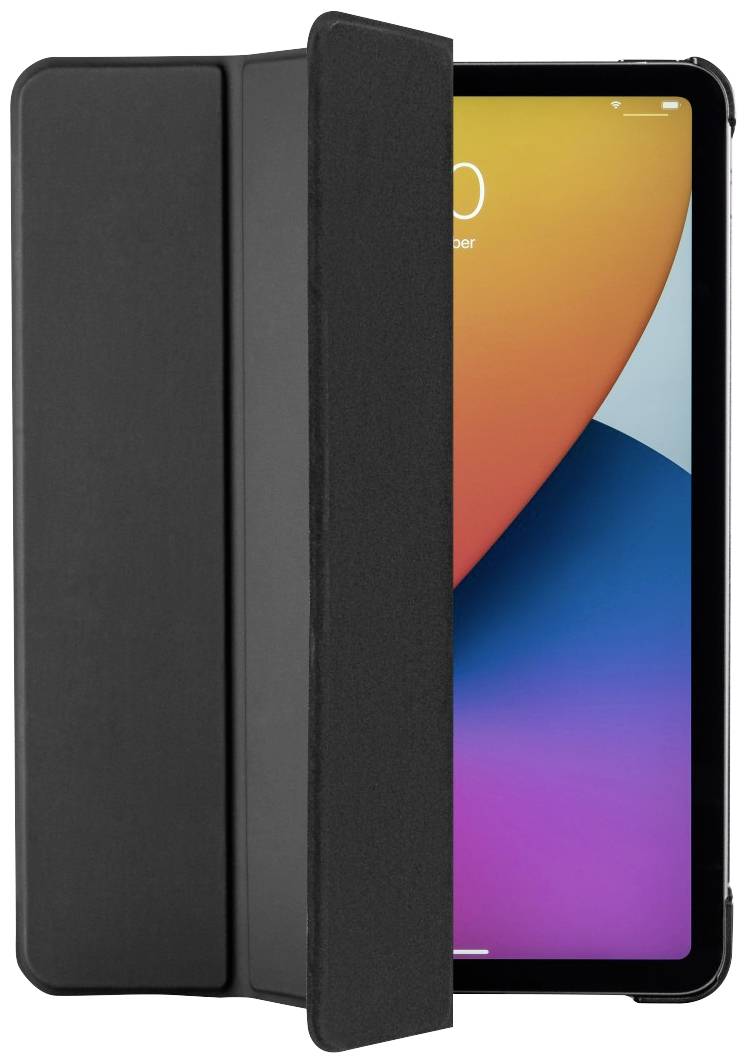 Tablet with a black protective case, partially open. A colourful background image is displayed on the screen.