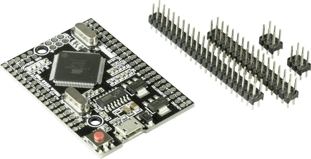 Microcontroller with USB port and multiple pins; suitable for electronics projects. Pins shown separately.