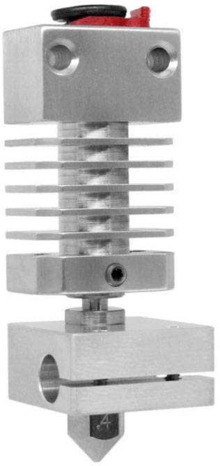 A metal 3D printer hotend with cooling fins, heating block and nozzle below. Mounting screws are visible at the top.