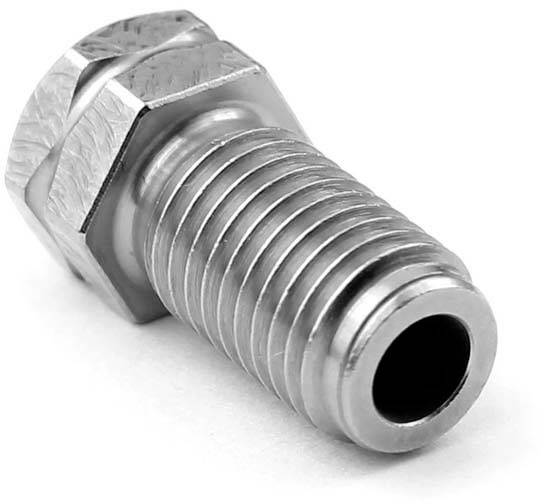 A silver, metallic bolt with a hexagonal head and thread, lying on a white background.