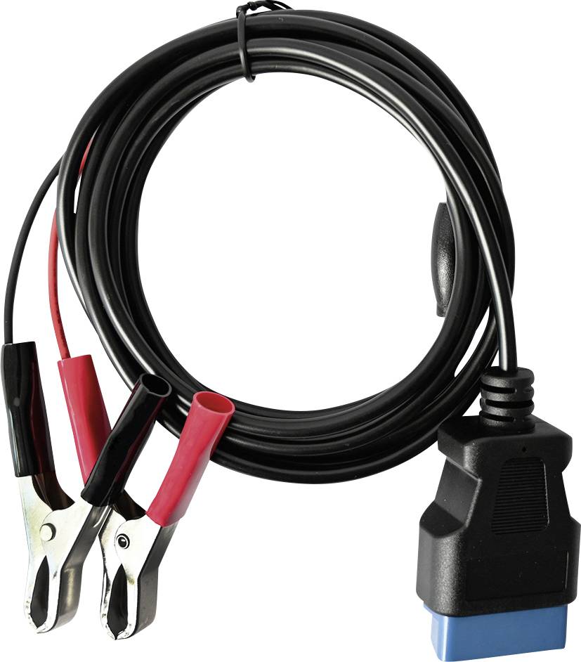Black diagnostic tool cable with clamps at one end and a blue plug at the other, used for vehicle diagnostics.