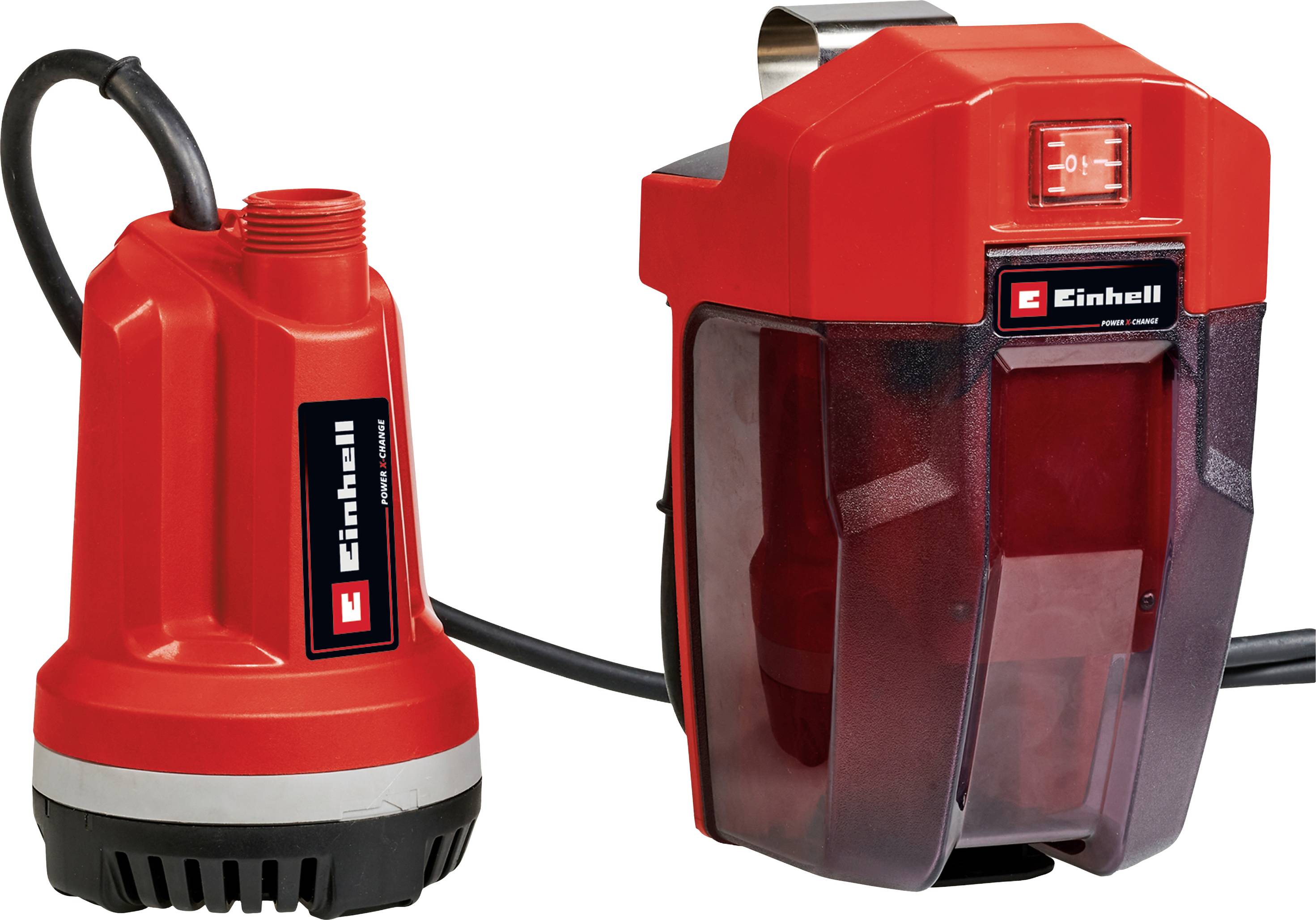 Two red Einhell pumps. Left: Submersible pump with handle; Right: Home water system with large switch and transparent water level indicator.