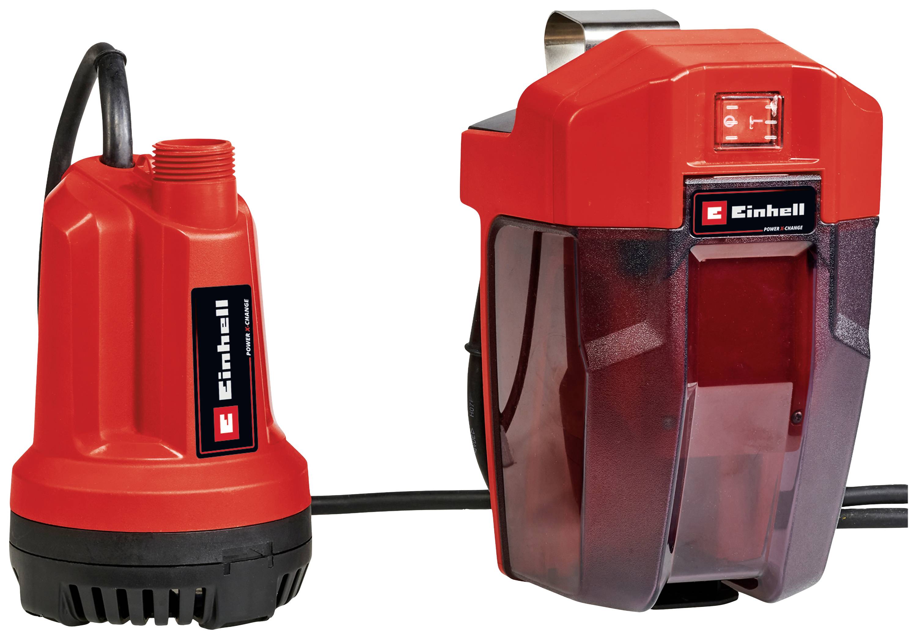 'Einhell' water pump in a red housing, suitable for water transportation, with a robust handle and hose connections.