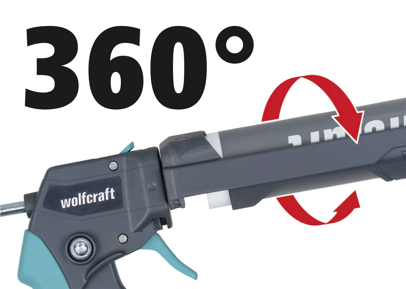 A cartridge gun with 'wolfcraft' inscription, rotates 360 degrees. A red arrow indicates the rotational movement.