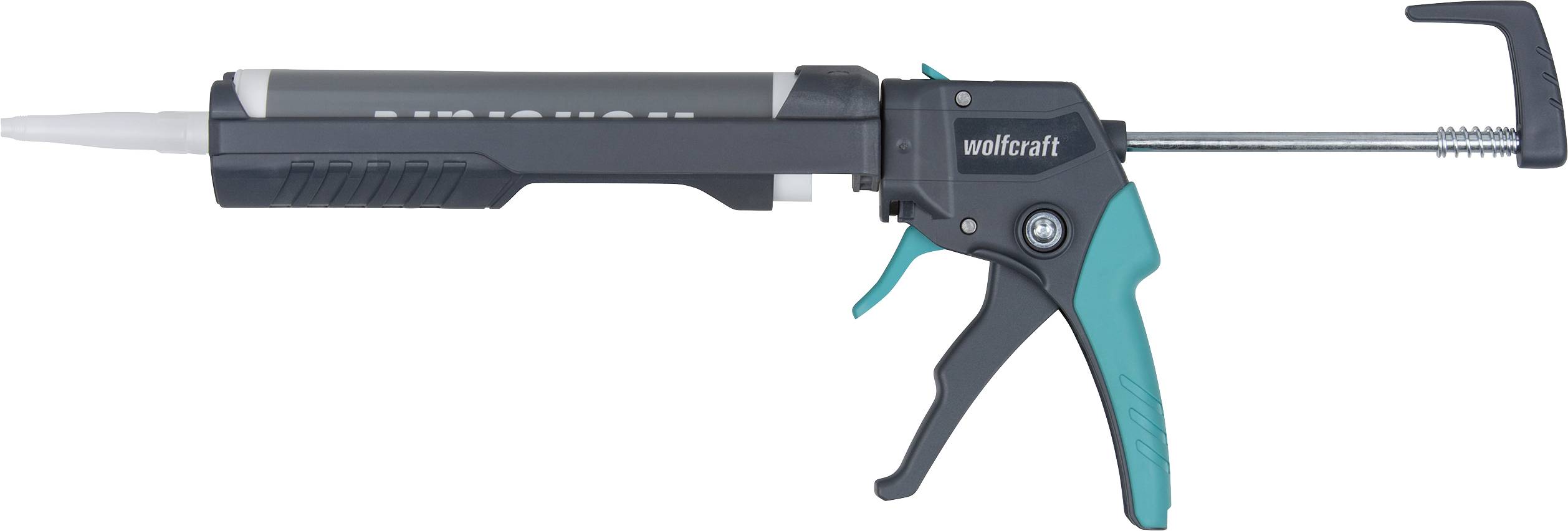 Cartridge gun with a grey body, black handle, green trigger, and silver lever, suitable for applying sealants.