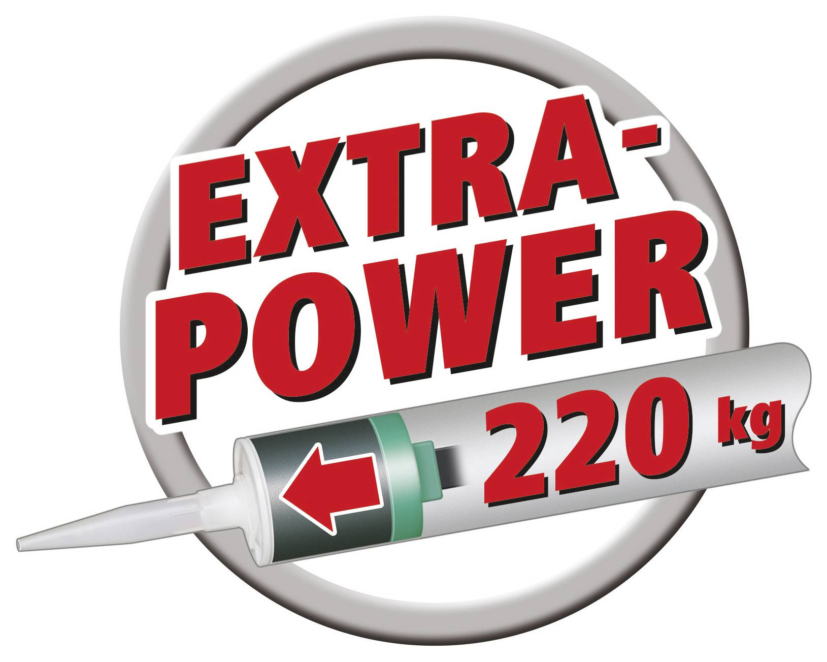 'EXTRA-POWER' in red letters, next to a cartridge pistol with the inscription '220 kg' on a grey circle.