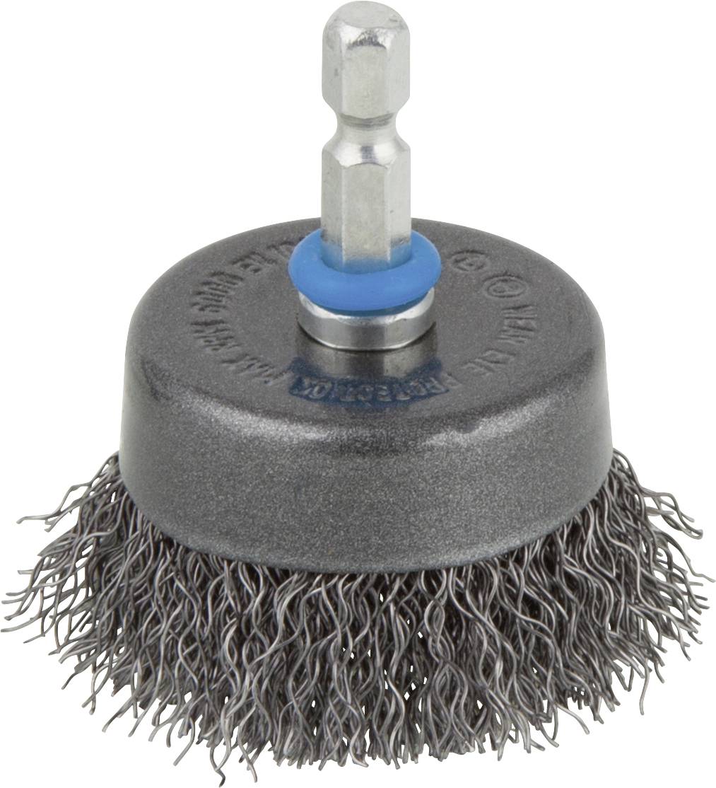 Round wire brush with metal bristles and blue ring on the holder, ideal for removing rust and paint from metal surfaces.