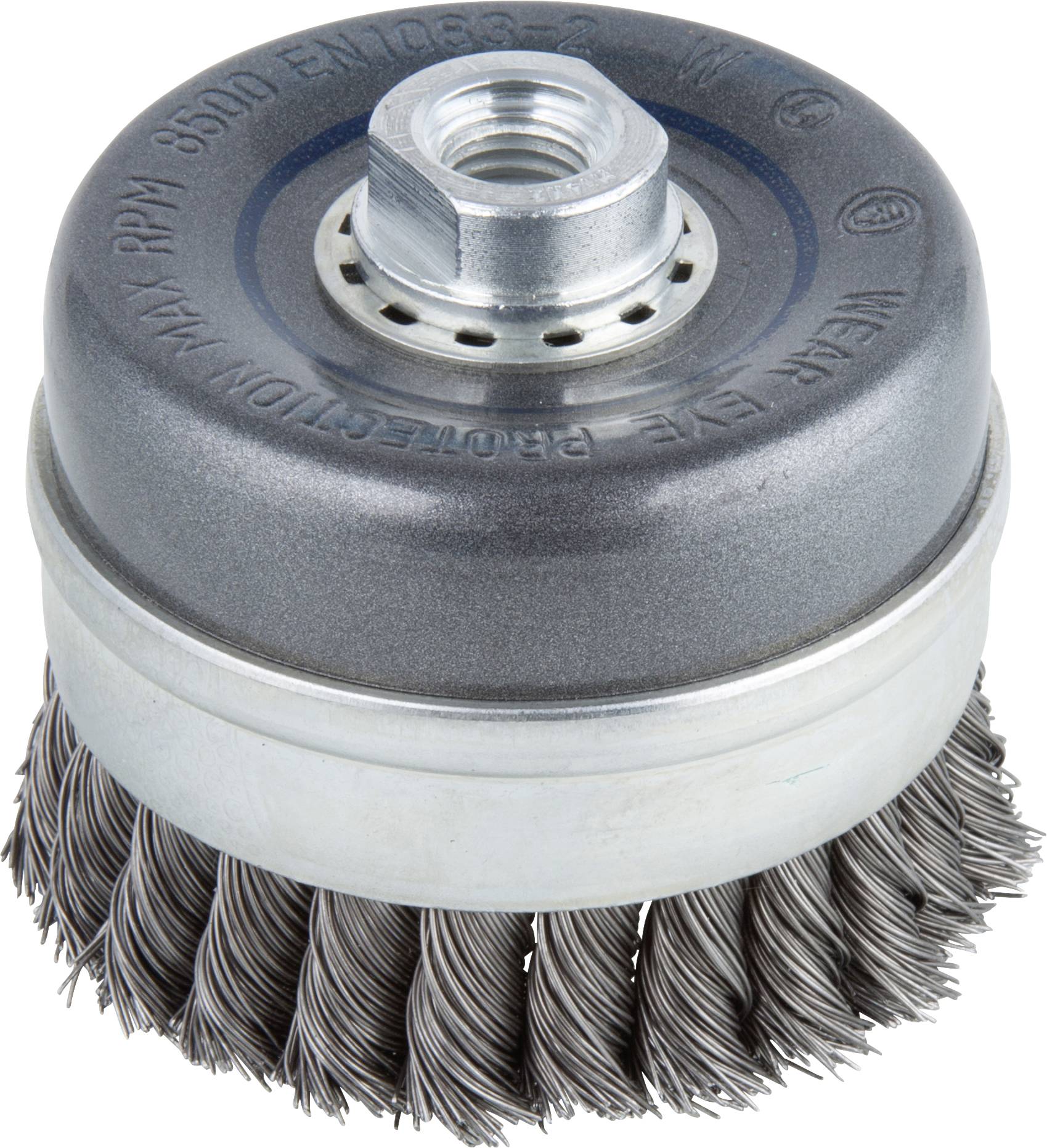 Wire brush attachment with a circular metal housing and twisted steel bristles, suitable for grinding work on metal surfaces.