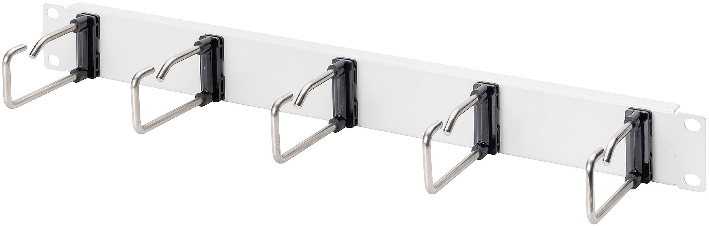 Metal strip with five cable holders for neat cable management in server or network cabinets.