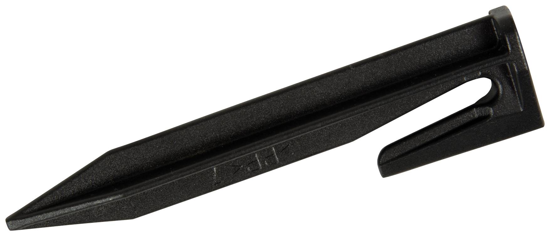 A black plastic tent peg with a pointed end, used for securing tent guy lines in the ground.