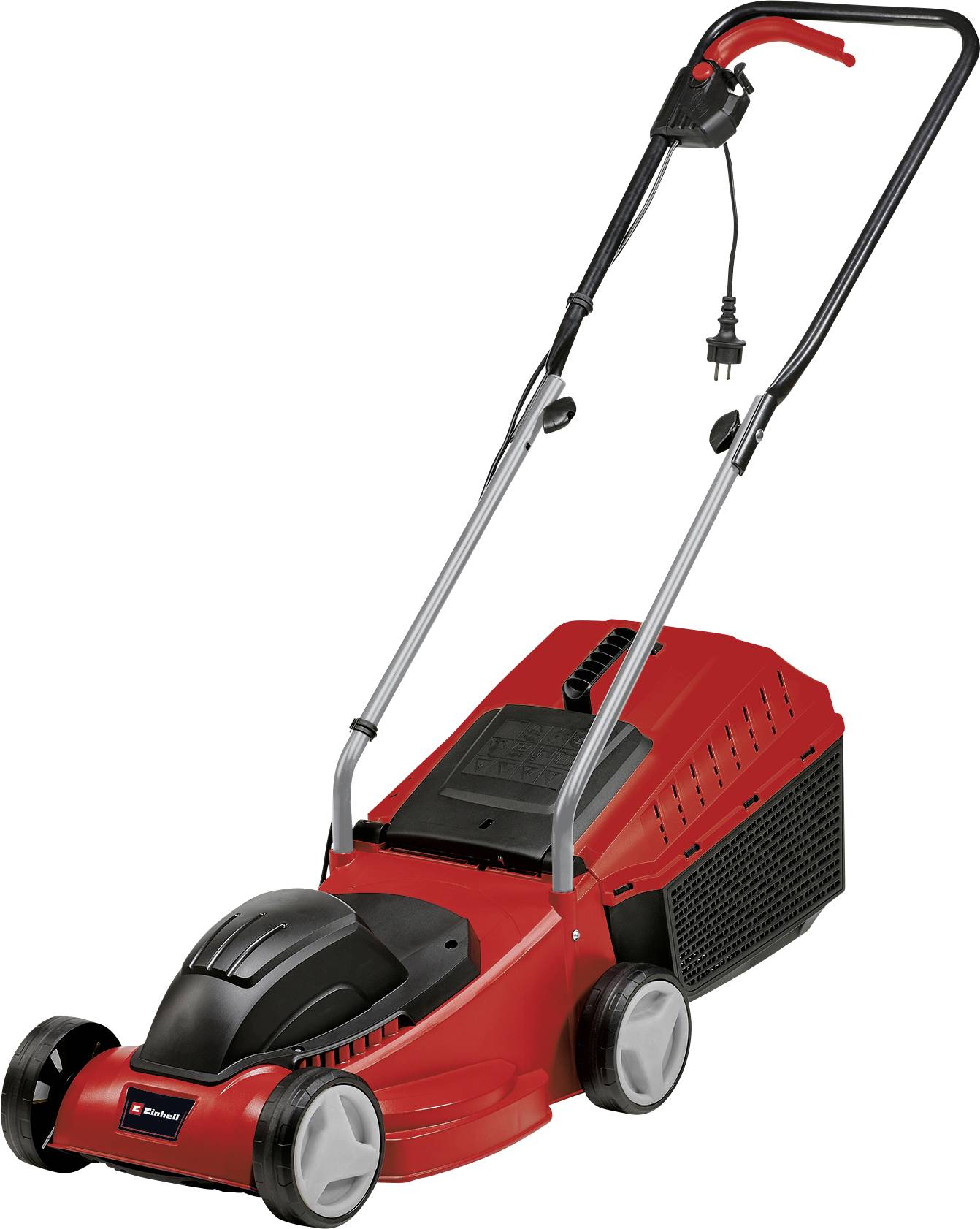 Red electric lawnmower with black handle and power cable, suitable for small to medium-sized gardens.