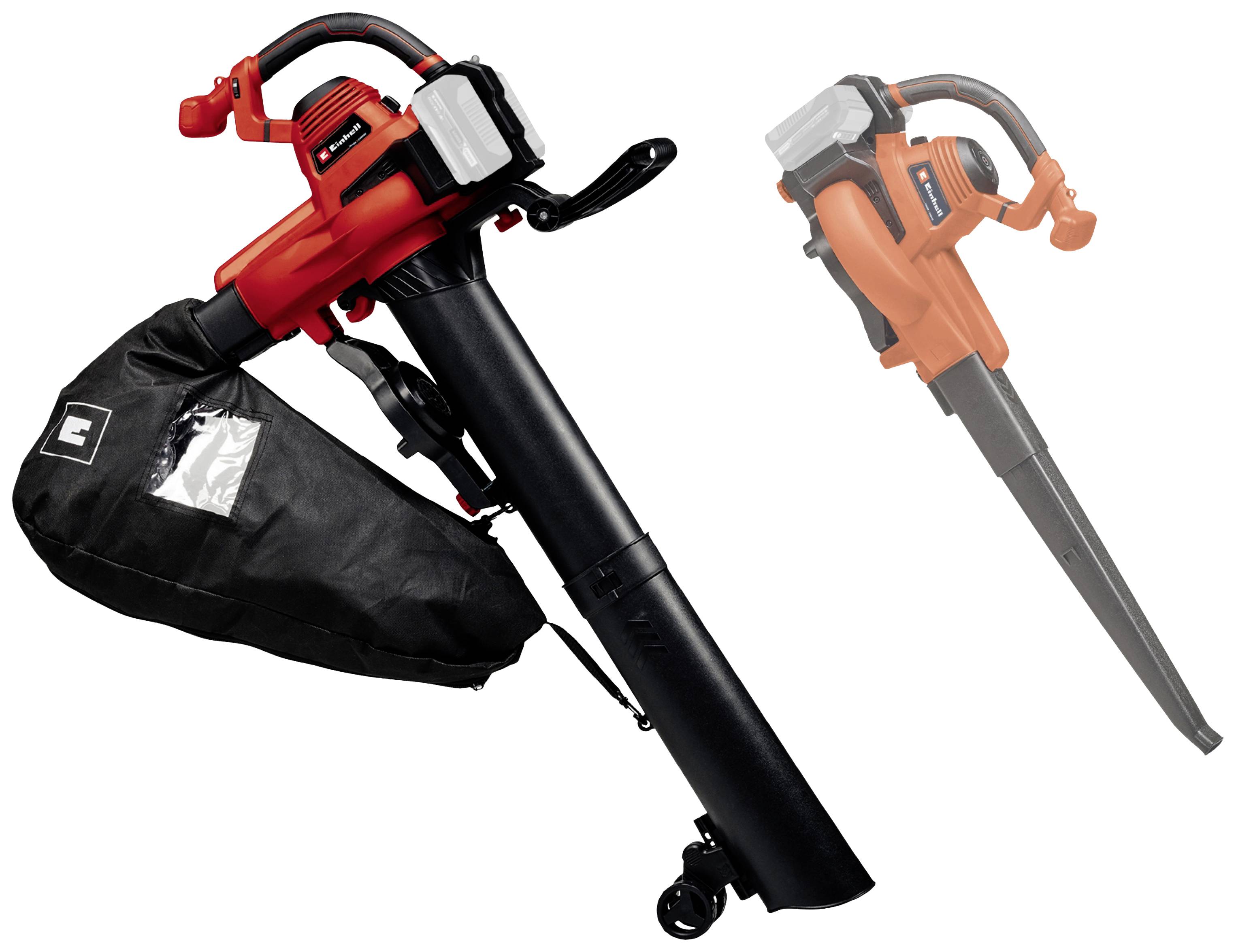 A red leaf vacuum and blower with a black collection bag and wheels, suitable for cleaning gardens or pavements.