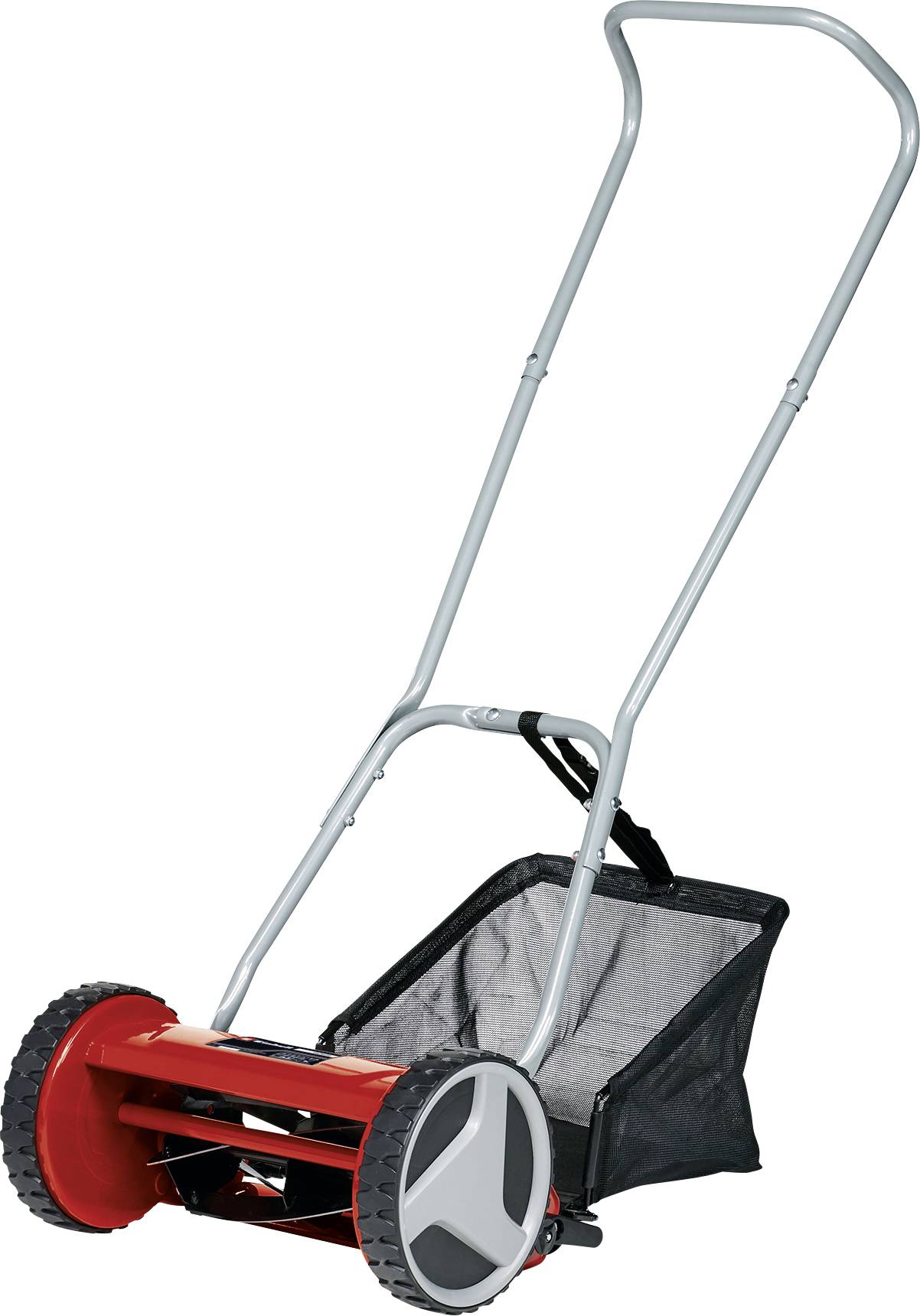 A red push mower with two large wheels, long handle, and grass collection basket. Ideal for manual lawn mowing without an engine.