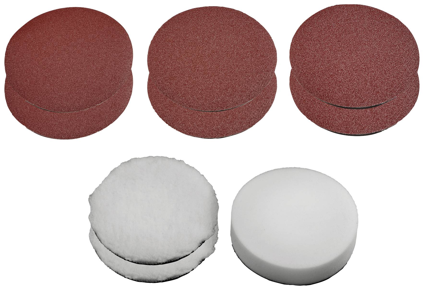Red grinding wheels in two groups at the top and two white polishing discs below. Suitable for surface treatment and polishing.
