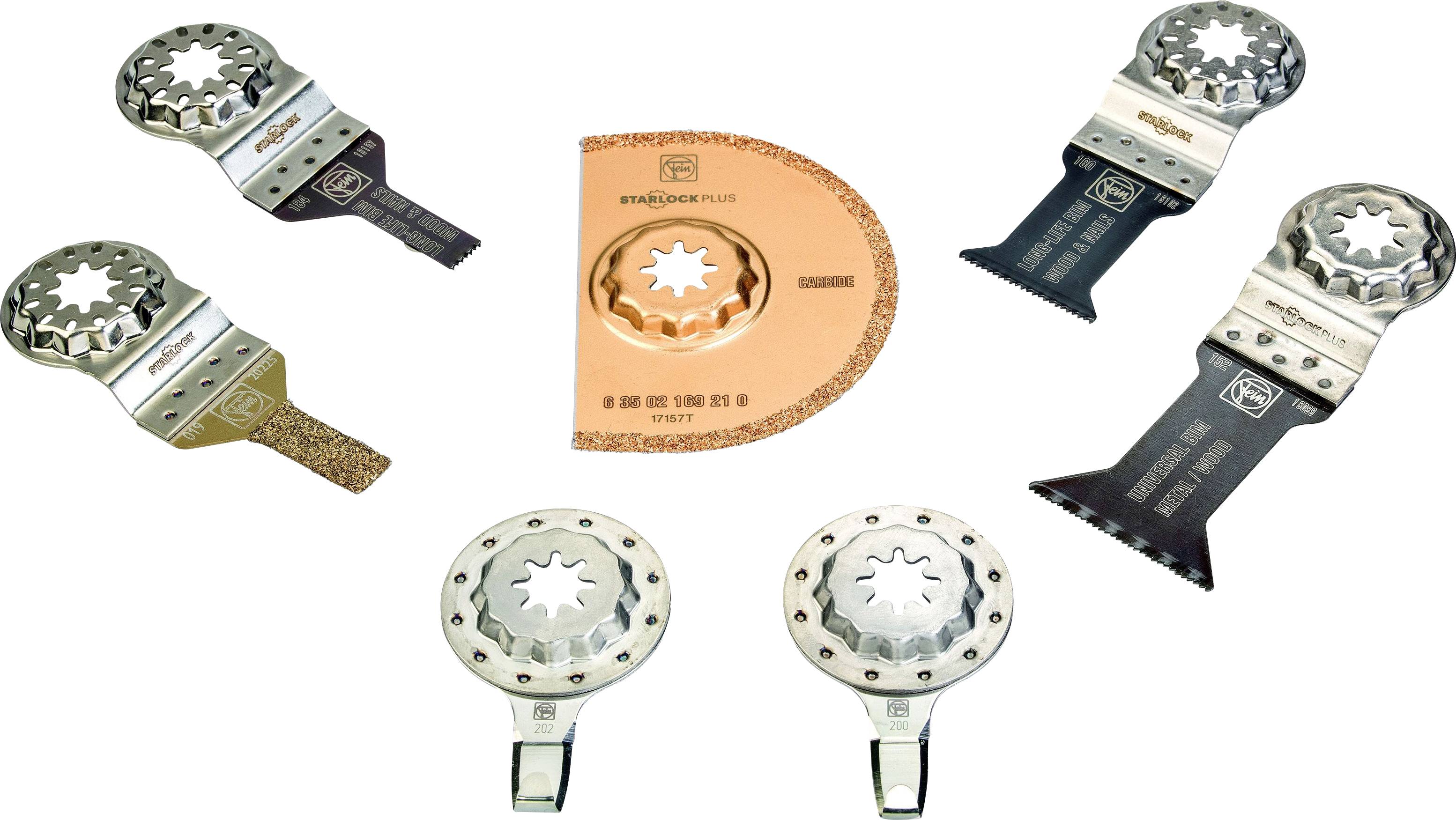 Various oscillating tool attachments in a circular arrangement, including saw blades and grinding heads, on a white background.