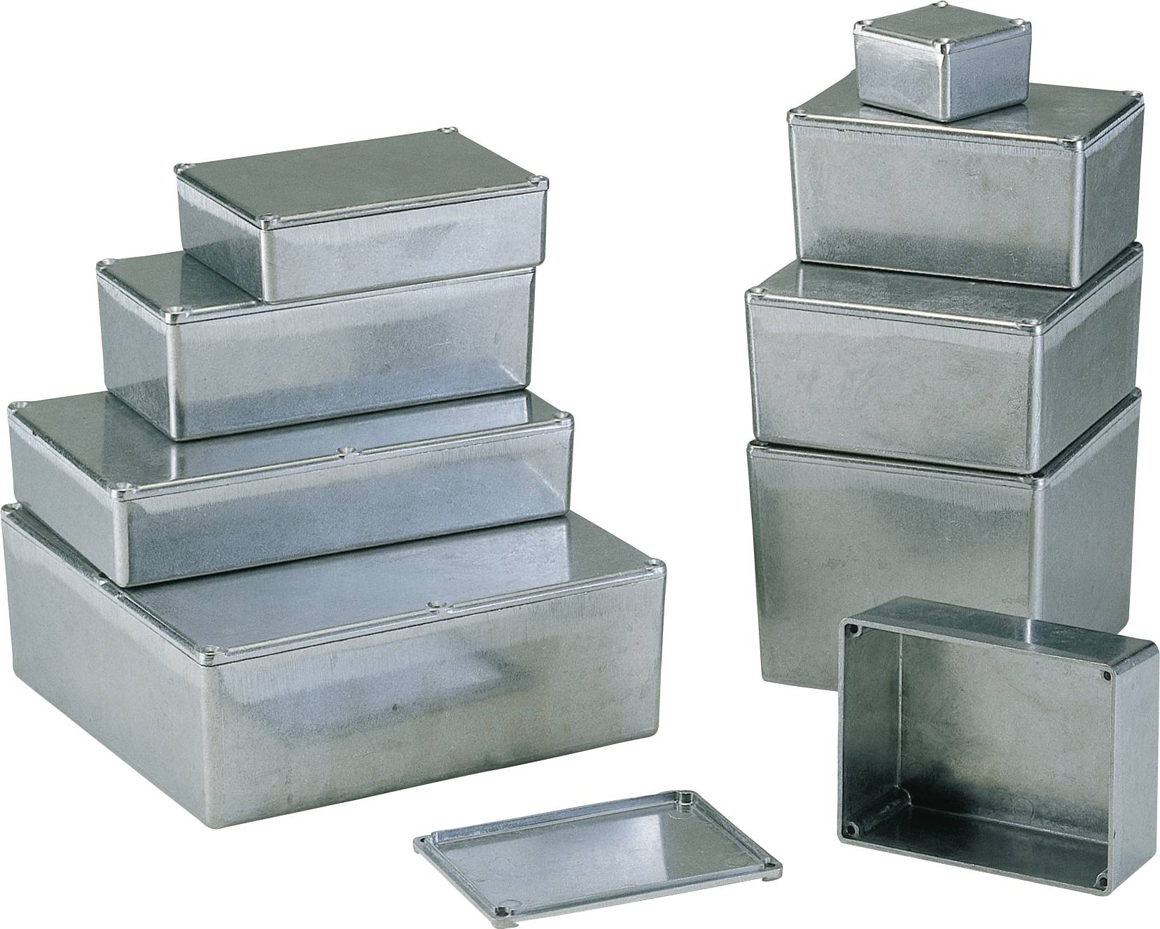 Stack of five rectangular metal boxes on the left and four stacked boxes on the right against a white background.