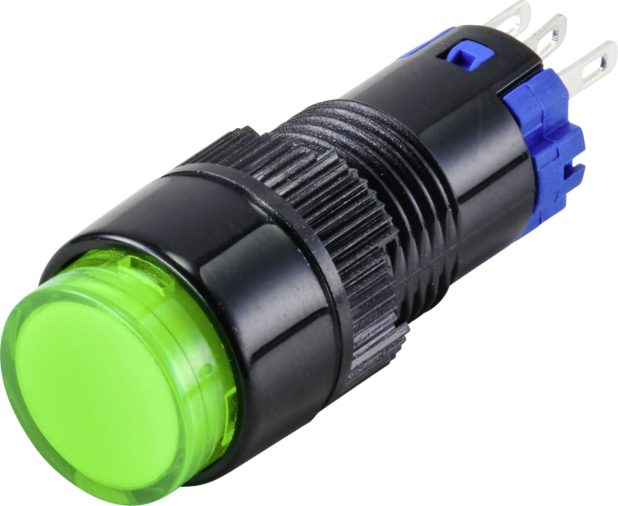 Green illuminated push button with black housing and blue mounting mechanism, wire connections visible.