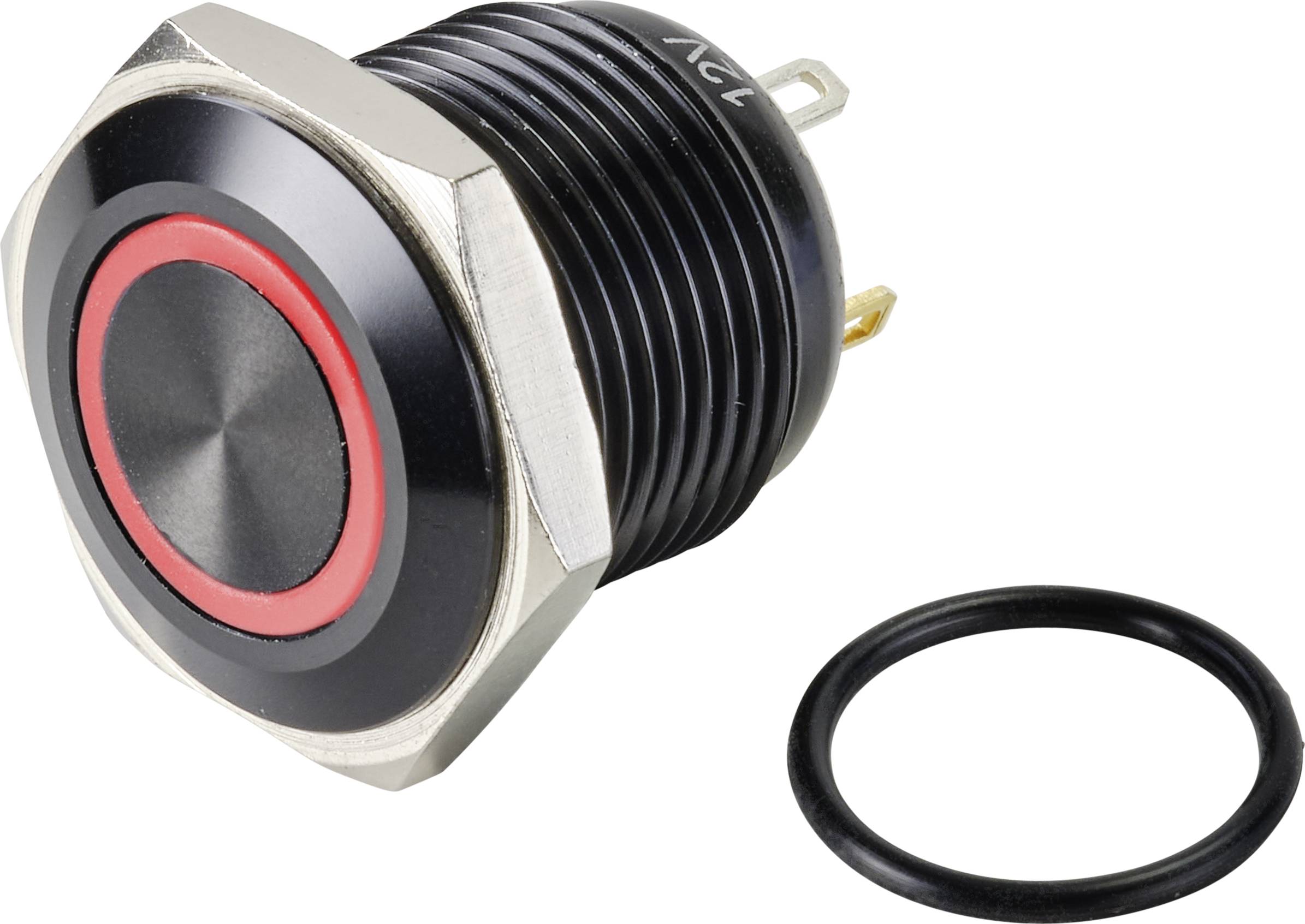 Black push button with a red ring and silver rim, alongside a black sealing ring, side view.