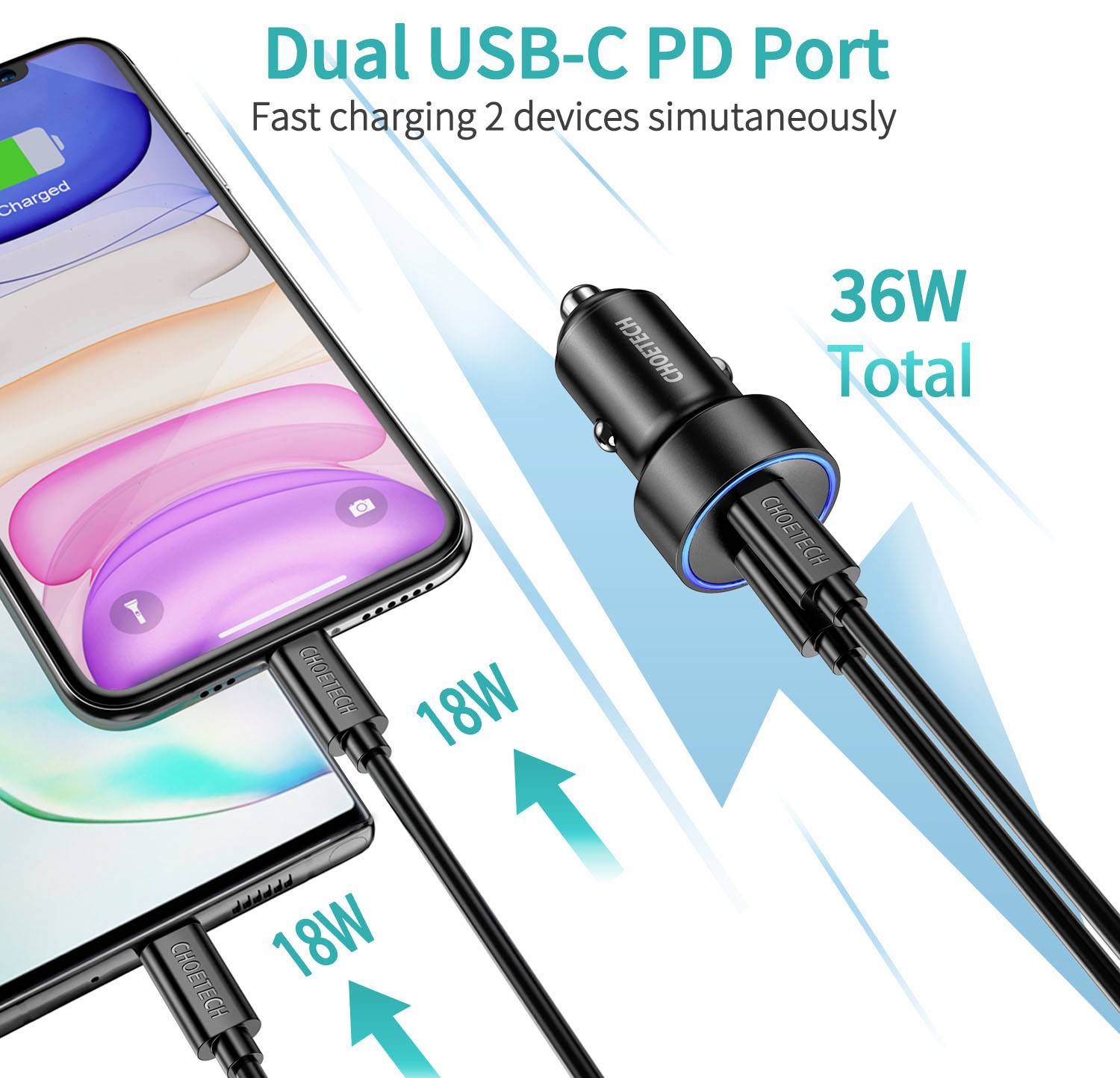 Choetech USB-C car charger, 36 W