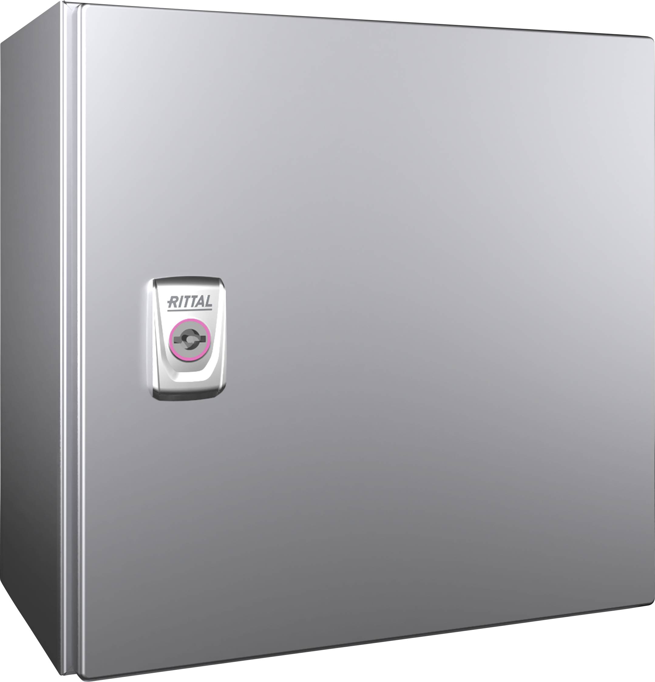 Silver metal cabinet by Rittal with a closed door handle; used for the secure storage of technical equipment or electrical components.