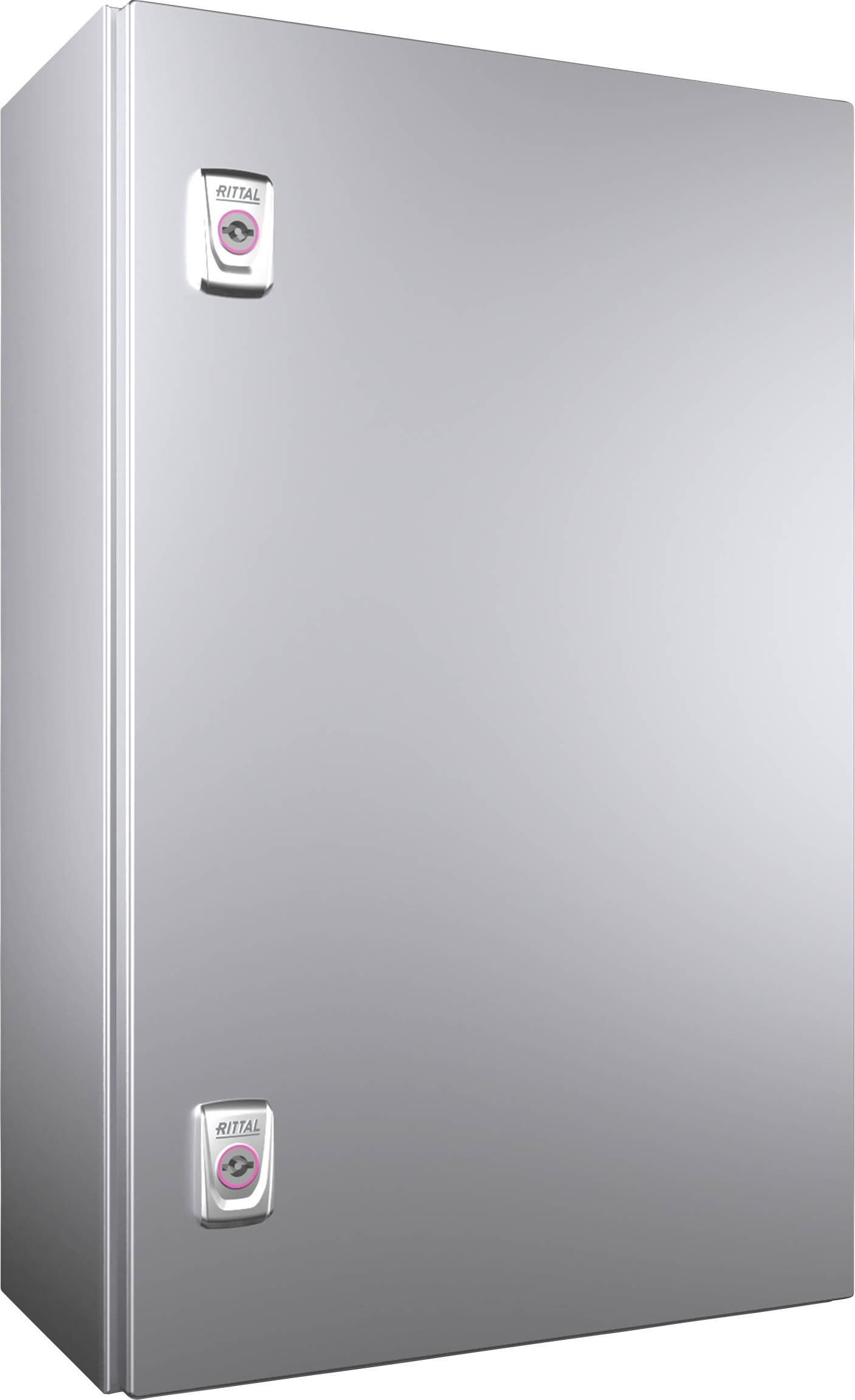 Grey metal cabinet with two oval handles bearing a manufacturer's logo.