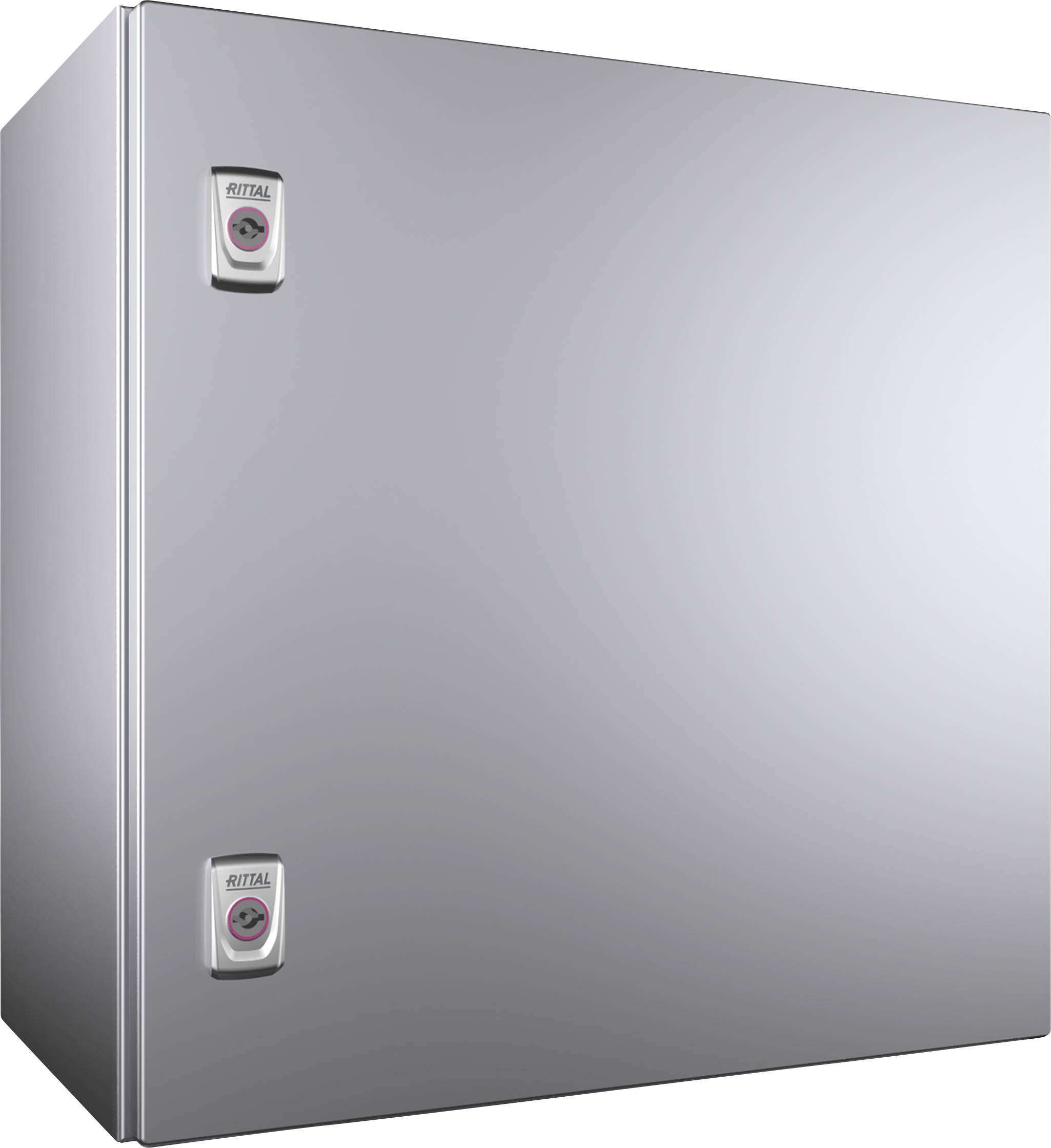 A grey metal cabinet with two lockable handles on the front, manufacturer's name visible on the handles.