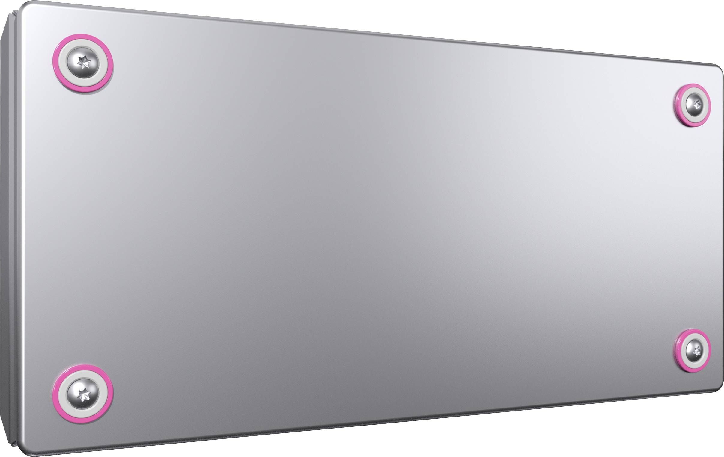 Rectangular metallic plate with four visible screws at the corners. Background is uniformly grey.
