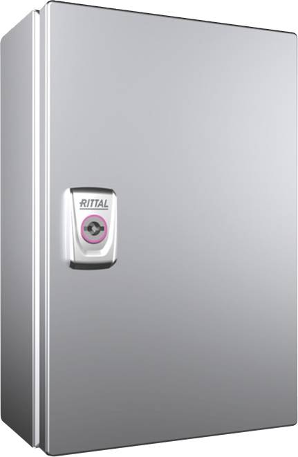 Metal control cabinet with a closed enclosure and an ergonomically shaped handle with a logo.