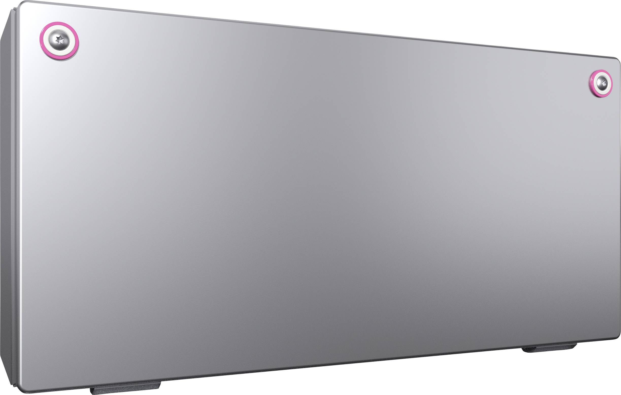 Metal plate with two pink-edged screws in the upper corners.