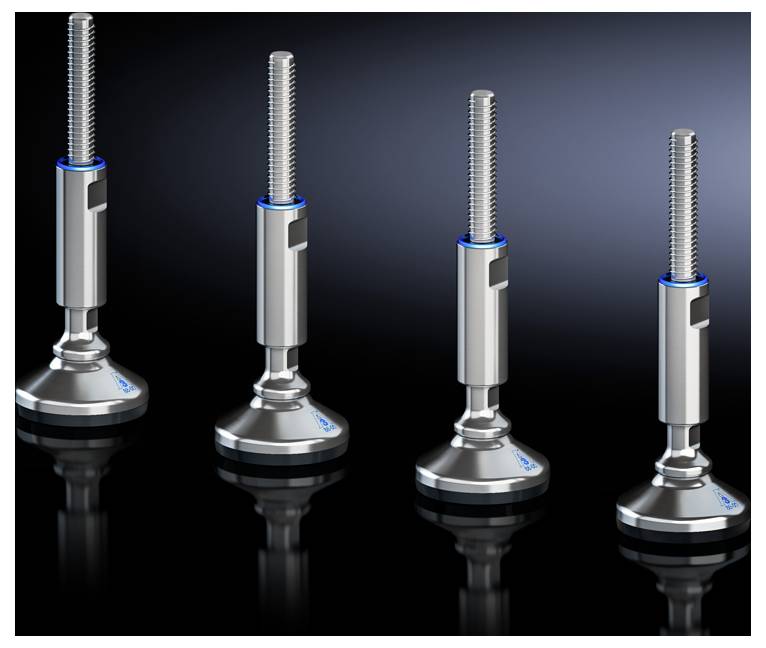 Four silver machine feet with screw spindles against a dark background, arranged symmetrically. Suitable for industrial applications.