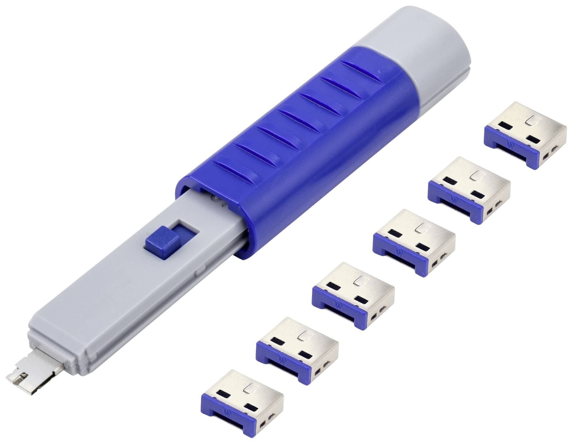 USB hub with six USB ports and a blue casing. Device allows connection of multiple USB devices to a single port.
