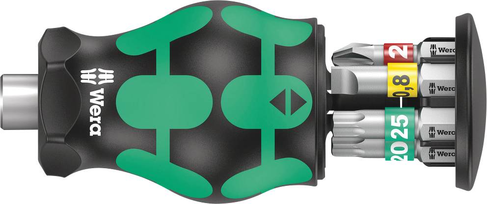 Hand screwdriver by Wera with green-black handle and integrated bit holder. Contains bits with colour-coded rings for size indication.