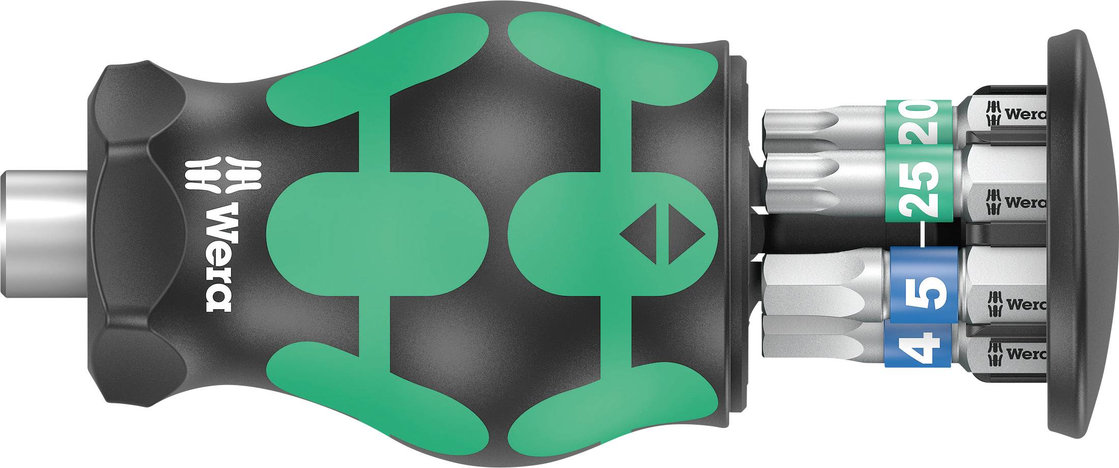Screwdriver with interchangeable bits. The handle is black and green. Four bits are visible, numbered '4', '5', '20', '25'.