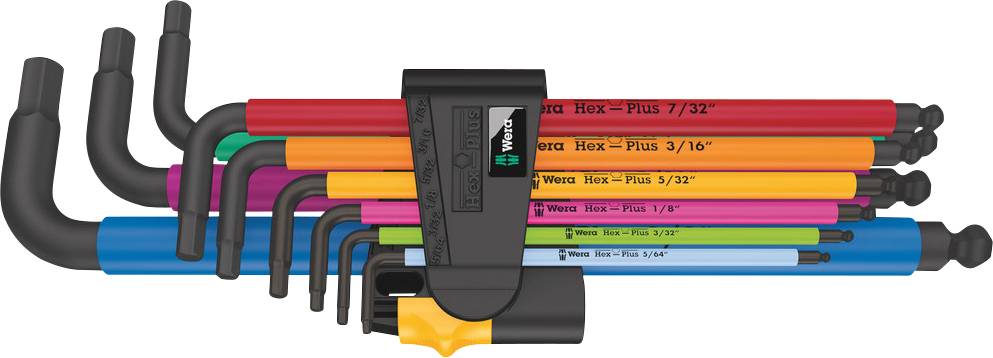 A set of colourful hex screwdrivers in a holder, each in a different colour and size, for easy identification.