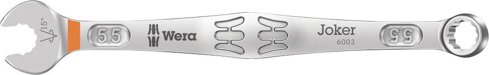 Silver Joker adjustable spanner with open and closed ends, 'Wera' brand name visible, size 15 mm.