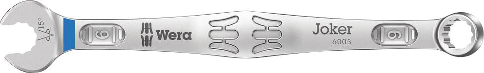 Silver spanner with open and ring-end, blue accent and 'Wera Joker 6003' print.