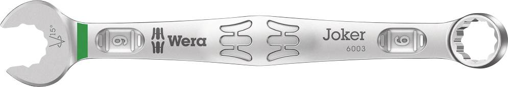 Double-ended spanner with markings 'Joker', 'Wera' and '6003'. One end has an open jaw, the other a ring.