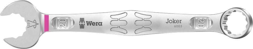 A stainless steel spanner by 'Wera' with open and ring-shaped ends. Markings and the words 'Joker 6003' are visible.