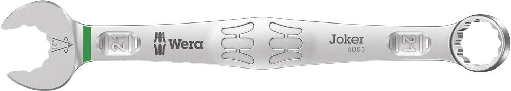 A silver adjustable spanner with open and ring spanner ends, brand logo 'Wera Joker'.