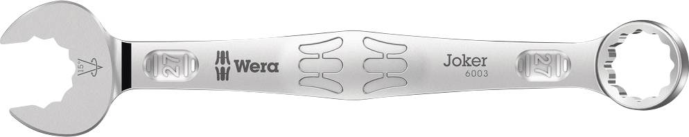 A silver adjustable spanner by Wera, Joker 6003 model, with two different jaw configurations at its ends.