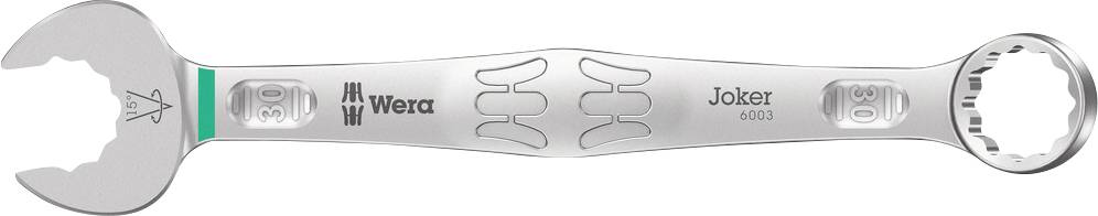 Open ring spanner with distinctive shapes and engravings, 'Joker 6003' by Wera. Two ends: Open-end spanner and ring spanner, for versatile applications.
