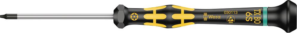Screwdriver with a black handle and yellow details, brand 'Wera'. Slender shaft with a TORX head, suitable for precision work.