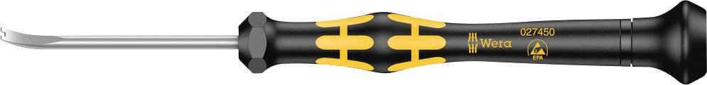 A screwdriver with a black handle and yellow accents, suitable for precision work, on a white background.
