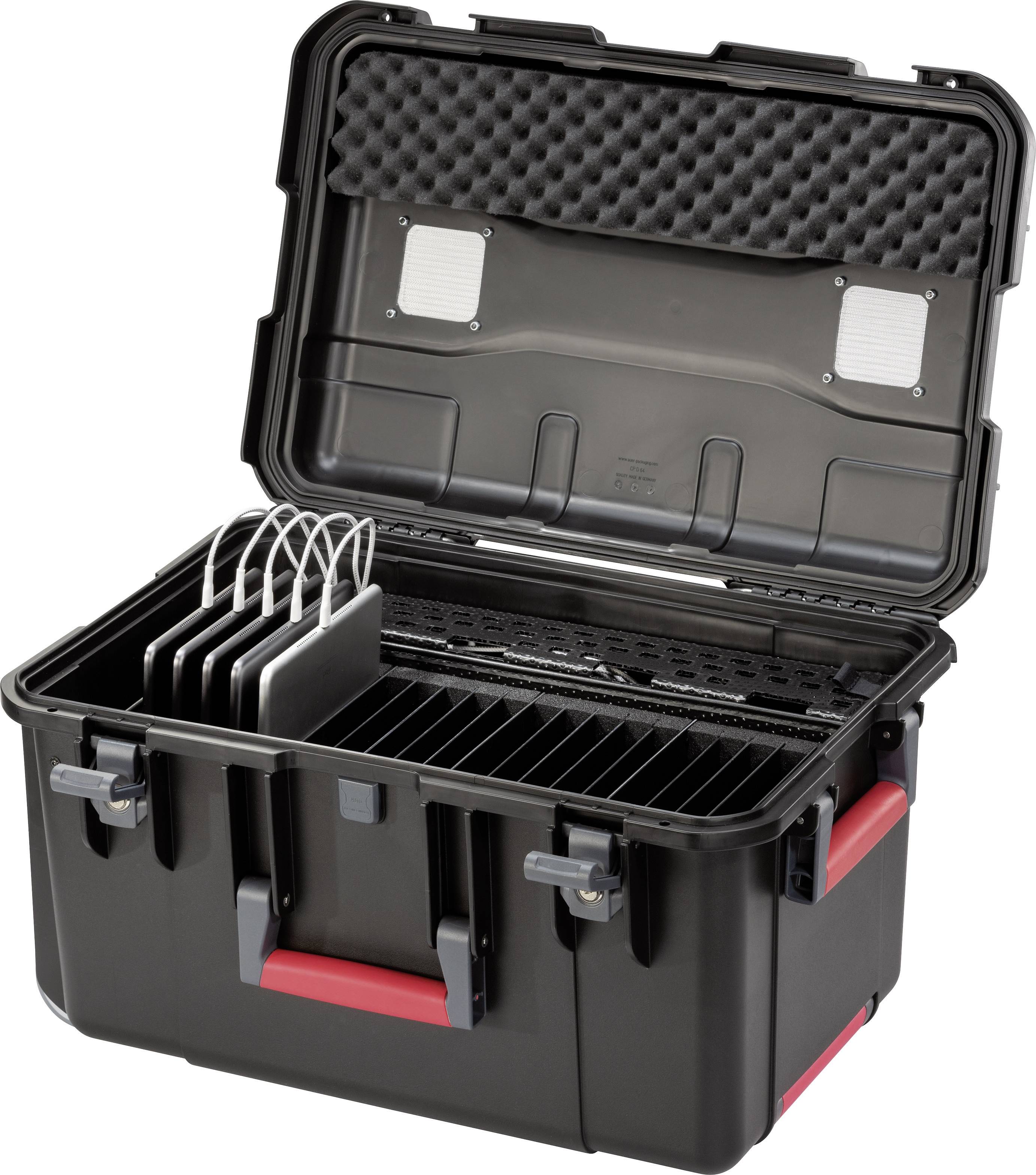 Open black tool case with compartments and protective padding, suitable for safely storing and transporting equipment.