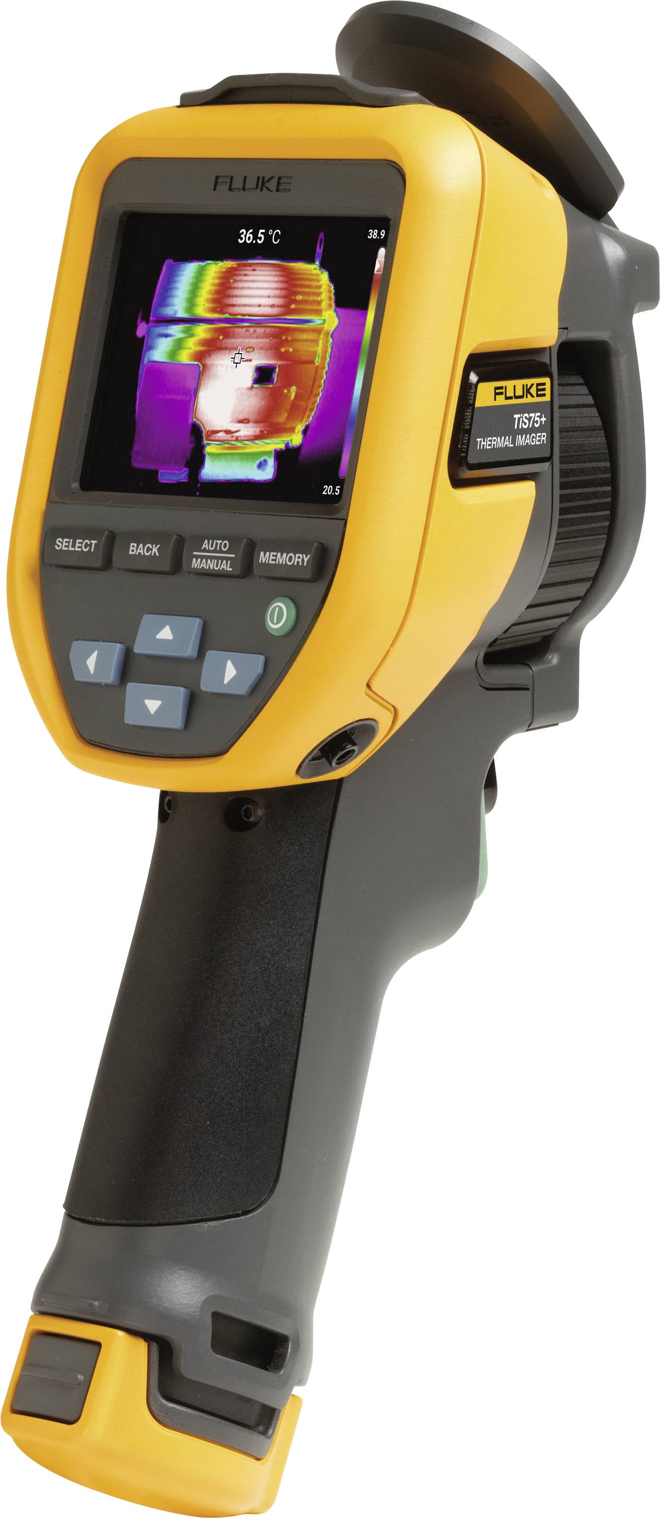 A thermal imaging camera displays a thermal image of a face on its display. The device has a yellow and black casing.