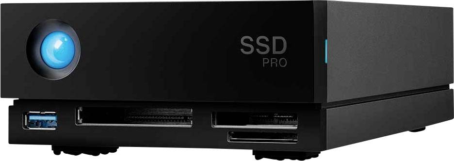 Black external SSD enclosure with multiple ports, including USB and card reader. 'SSD PRO' marking on the side.