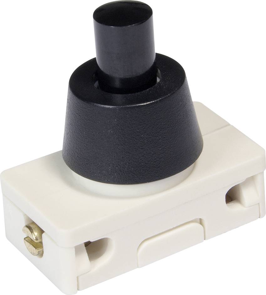 A black button on a white, rectangular housing; electrical door contact switch, commonly used in fridges.